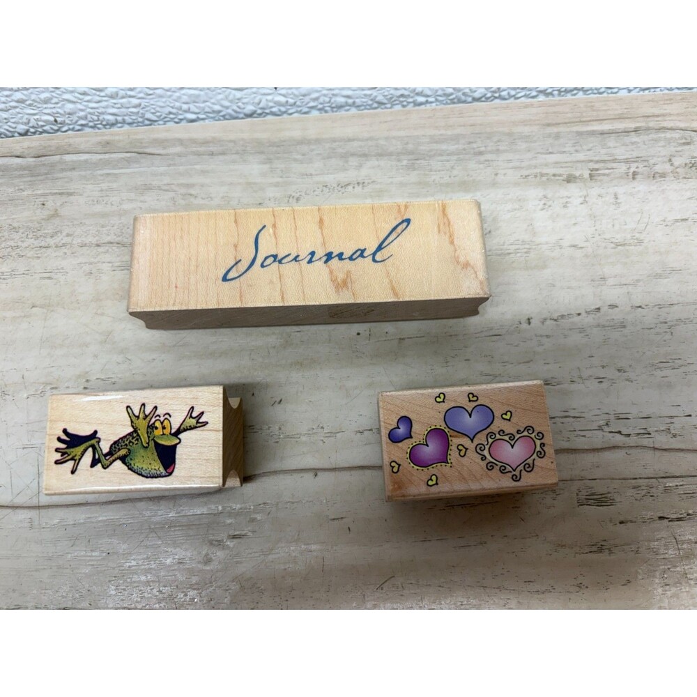 Vtg Set Of 3 Wood Mounted Rubber Stamps Frog Hearts Journal